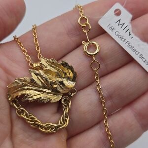 Gold Dainty Chain Curled Leaf Leaves Necklace Pendant Gold Plated Brass